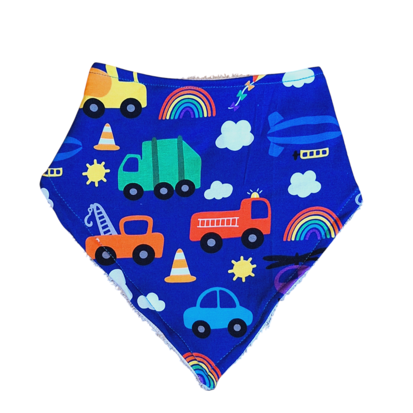 Blue bandana style dribble bit with a rainbow selection of vehicles 