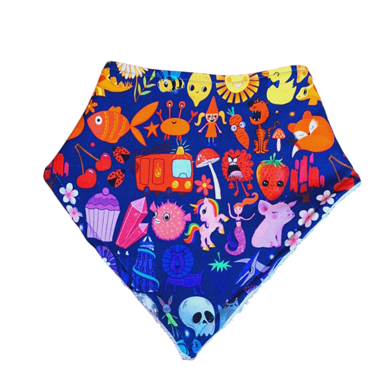 Blue dribble bib with rainbow characters 