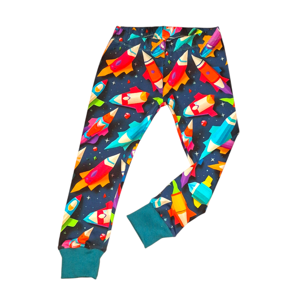 Childrens Leggings on a navy fabric with brightly coloured space rockets 