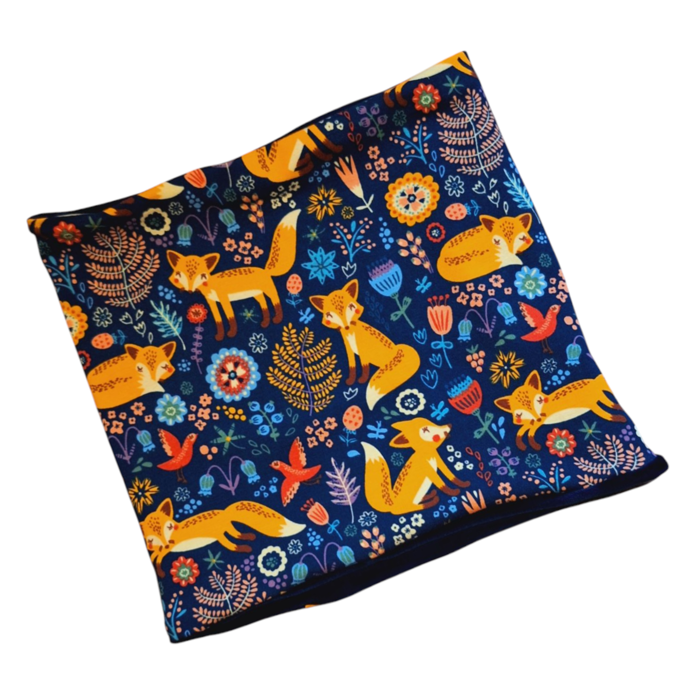 Navy blue snood with orange foxes and flowers. 