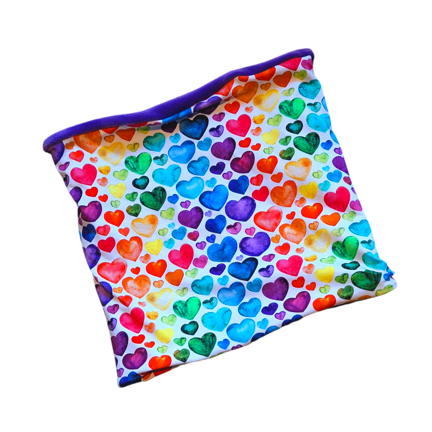 A multicolored heart-patterned snood with a purple edge, likely made of soft fabric suitable for warmth.