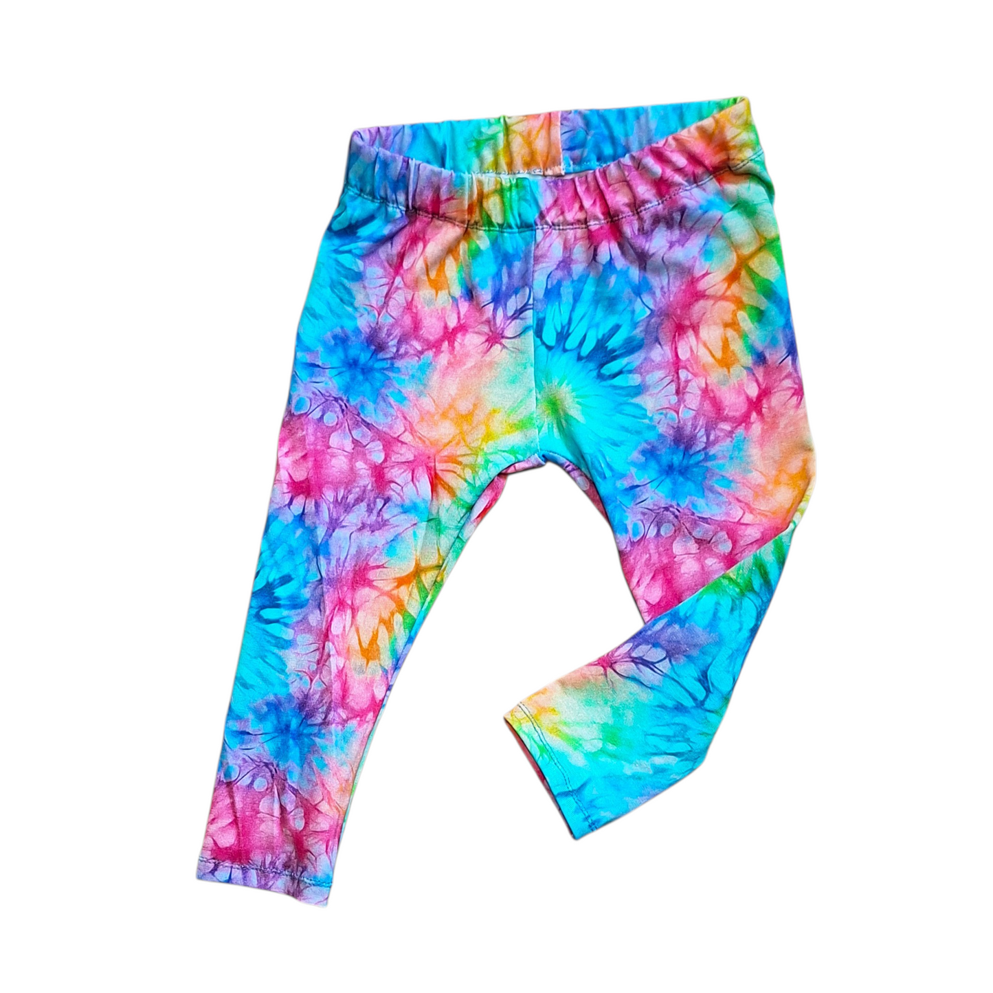 Colorful tie-dye leggings on a white background