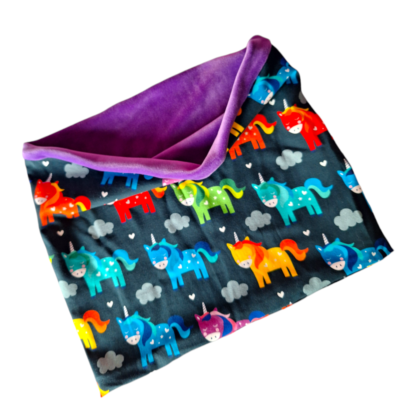 A multicolored snood with a pattern of cartoon unicorns and other animals, predominantly purple inside.