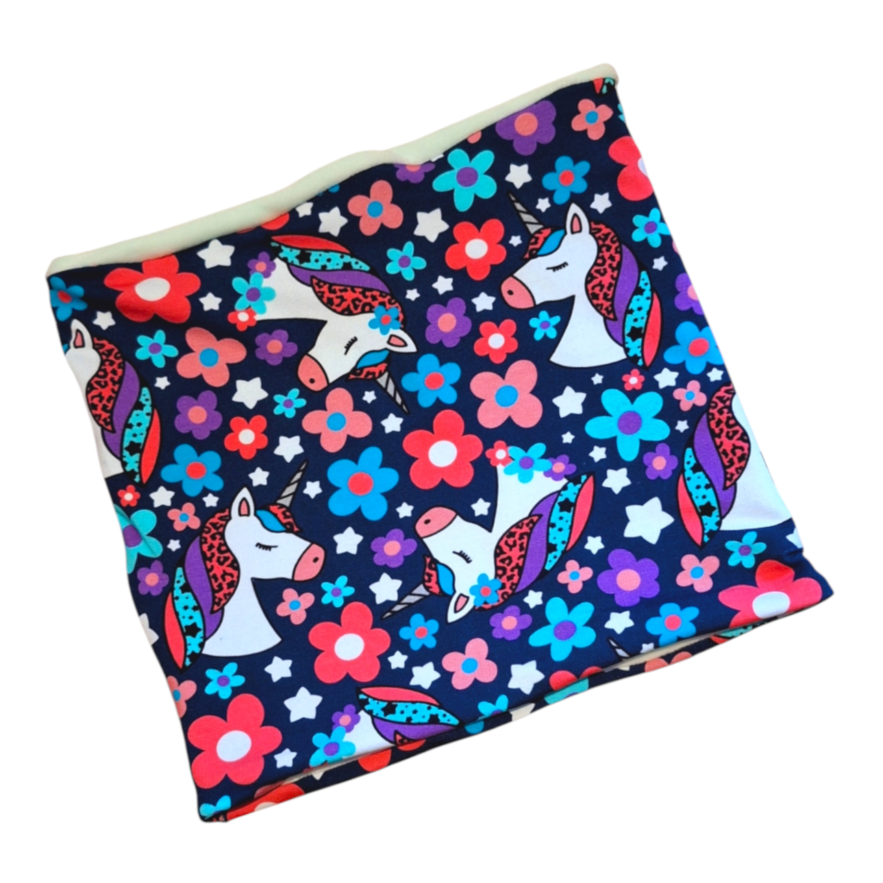 Navy blue snood, featuring flowers, leopard print and  unicorns 