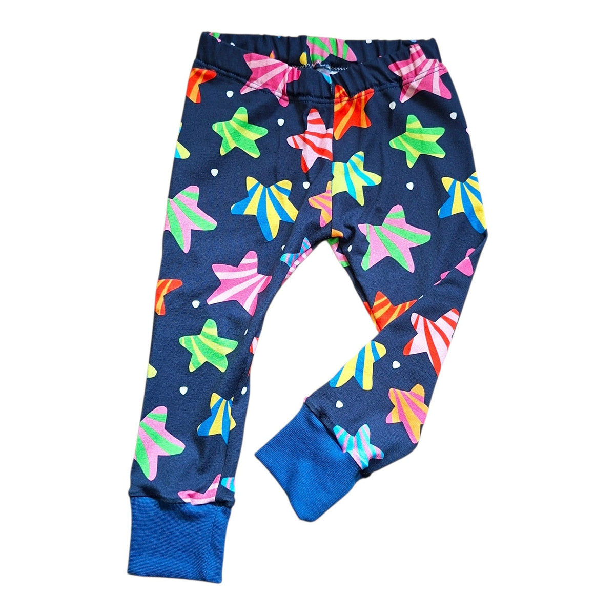 Navy children's cuffed leggings with multicolour striped stars and blue ankle cuffs