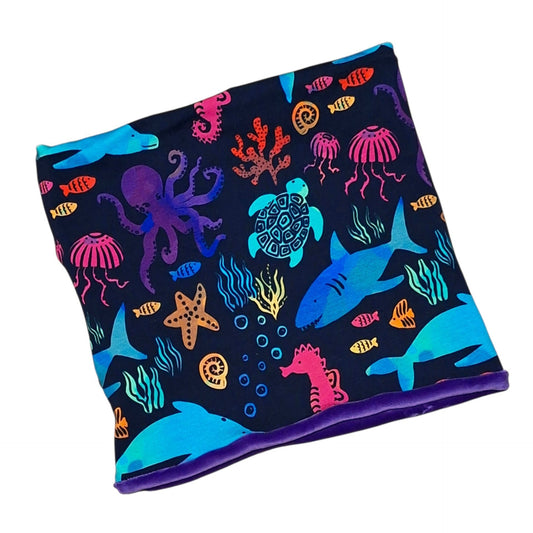 Sea creature print snood with colourful dolphins, shark, octopus, turtle and jellyfish on navy