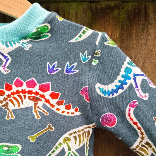 Grey childrens jumper featuring multicoloured dinosaur bones 