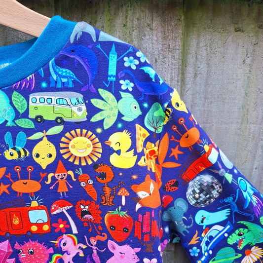 Unisex blue childrens jumper with rainbow characters
