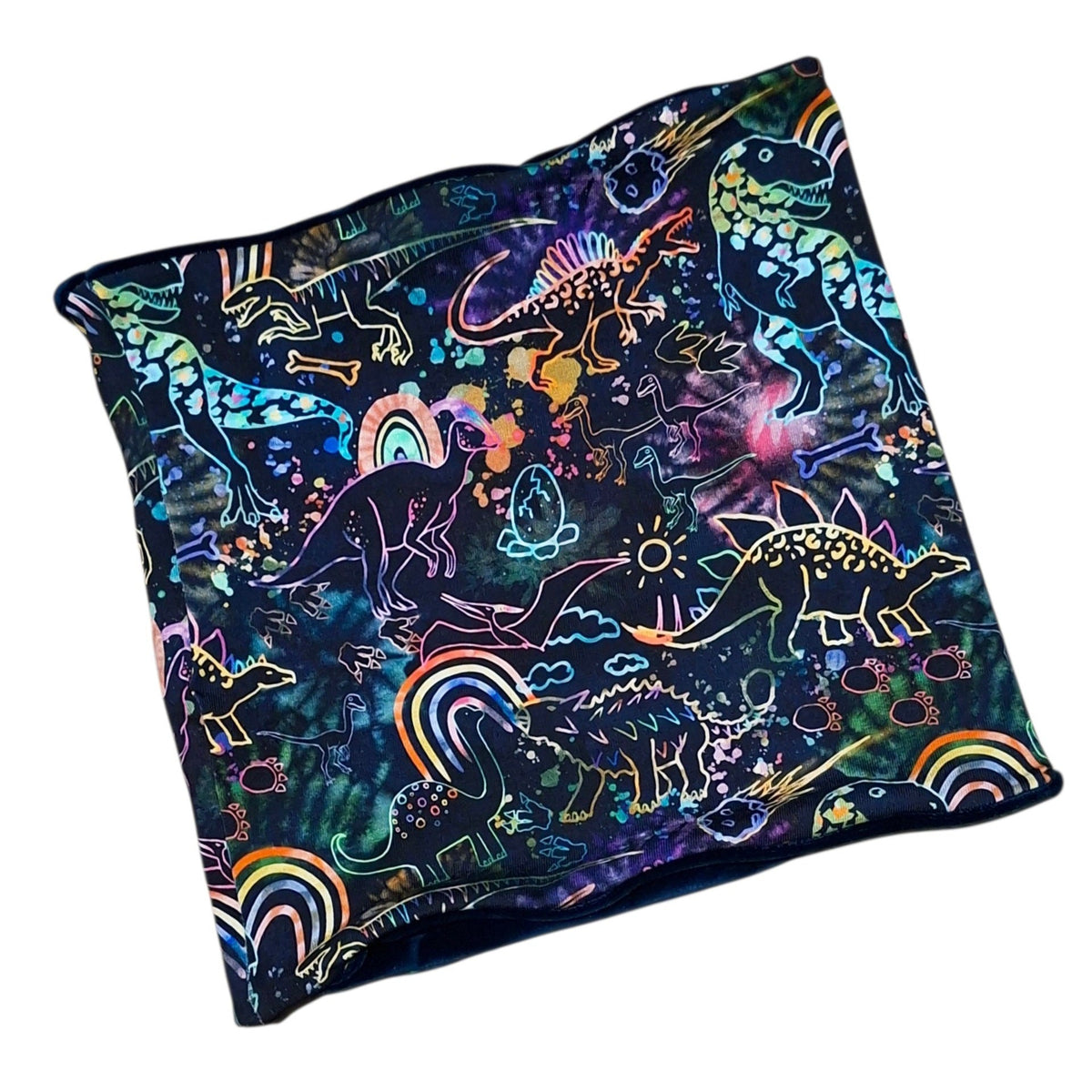 Neon dinosaur print snood with colourful dinosaur outlines and rainbows on a dark background